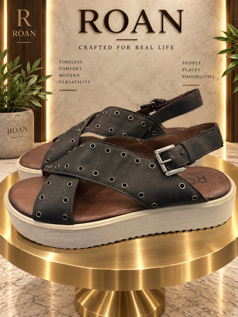ROAN by Bed Stu Hali Gray Black Leather Grommet Platform Sandals Size 7